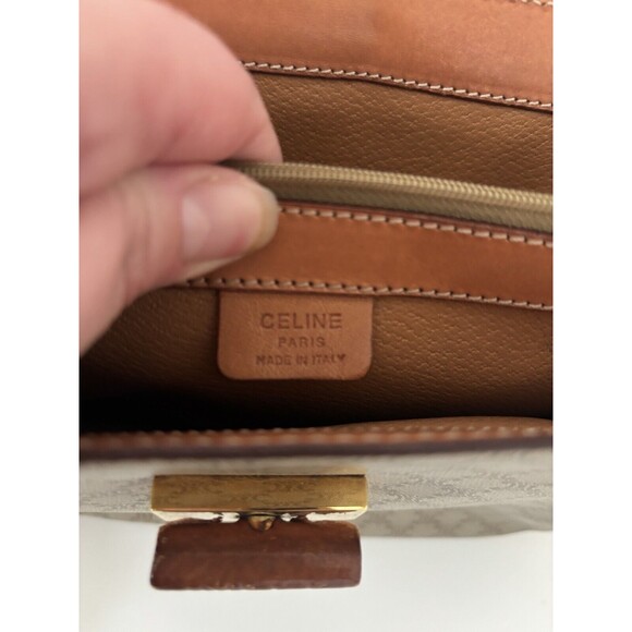 Celine Logo Macadam Pattern Hand Bag Leather Tan/Brown Crossbody Authentic Vtg - Picture 13 of 16